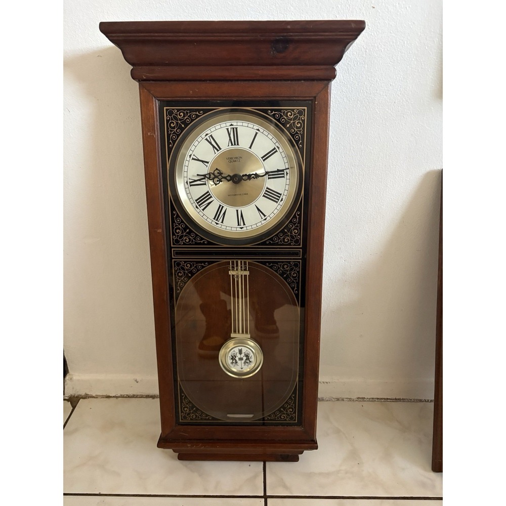 Vintage Verichron Quartz Westminster Chime Wall Clock Wood Pendulum